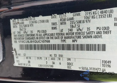 2016 Ford Escape Titanium from USA, damaged, VIN 1FMCU9J91GUC10768